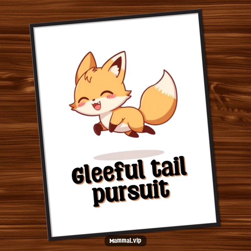 Funny playful fox character chasing its tail, presented as a digital art print, a humorous animal and nature-themed decor gift.