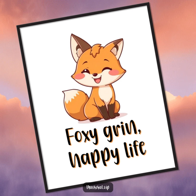 Funny digital art print of a cute fox character with a wide grin, wiggling its bushy tail, offering instant playful decor.