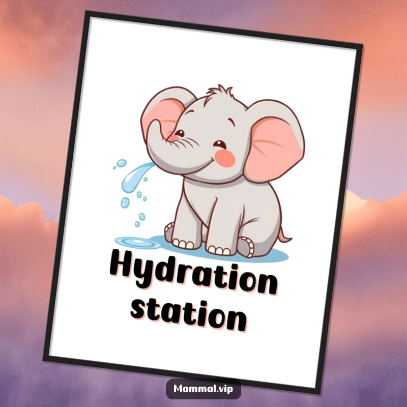 Funny digital art print of a happy elephant character playfully spraying water from its trunk, perfect for adding a splash of fun and joy.