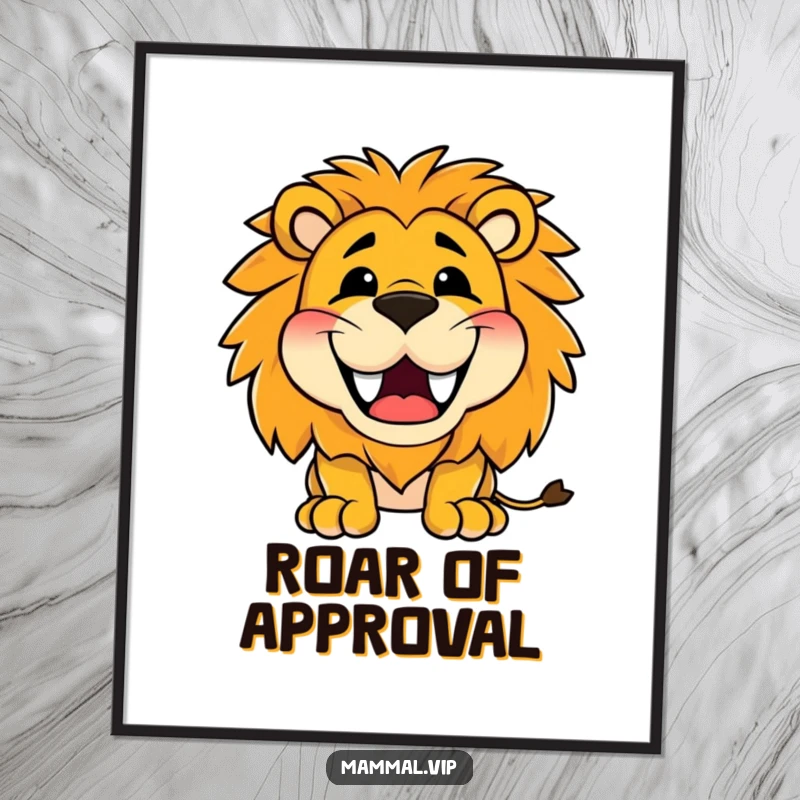 Funny digital art print of a happy lion character roaring with a wide, toothy grin, perfect for adding vibrant, humorous decor.