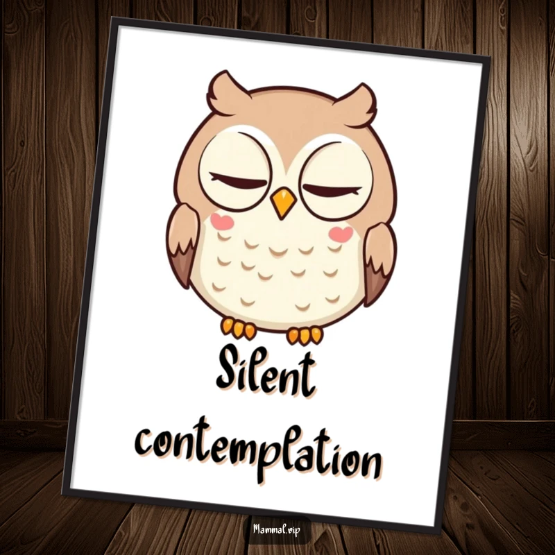 Funny digital art of a round, intelligent cartoon owl character performing a slow, thoughtful blink.