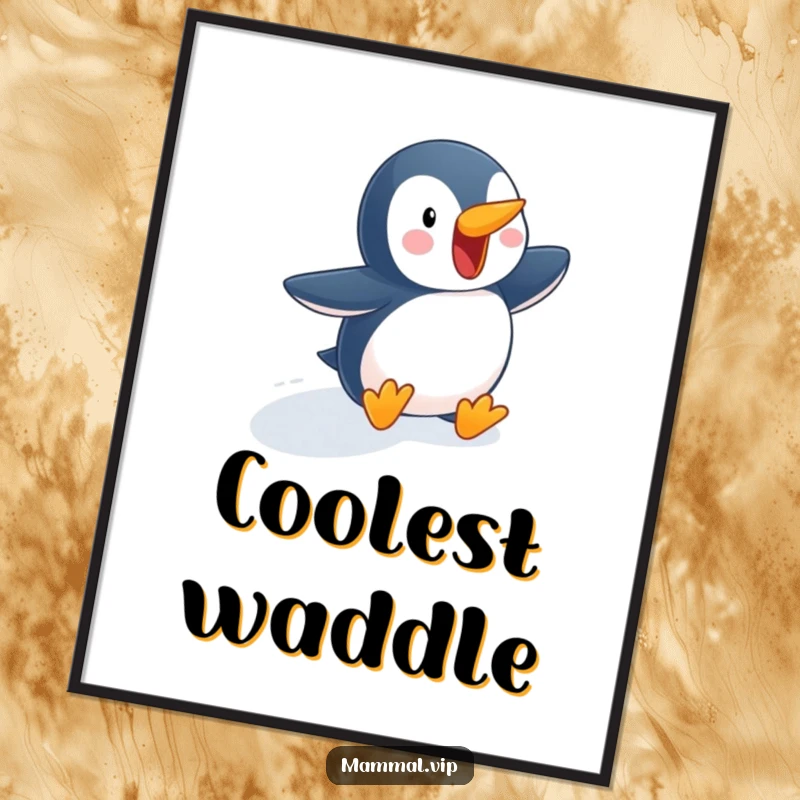 Funny penguin digital art print of an excited character waddling down a snowy slope, ideal for instant download and adding humorous winter wall decor.