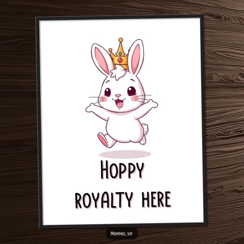 Funny digital art print: a rabbit with a crown hopping with great enthusiasm, bringing royal cheer.
