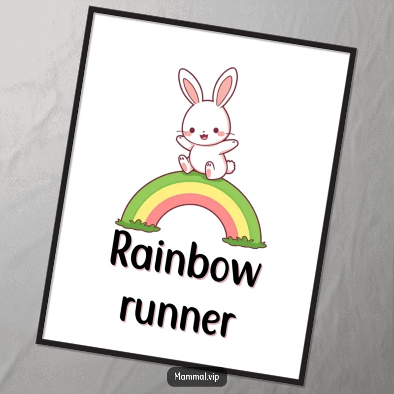 Funny rabbit rainbow hop digital art print, depicting a cute character joyfully hopping over a rainbow, instant decor and funny gift.