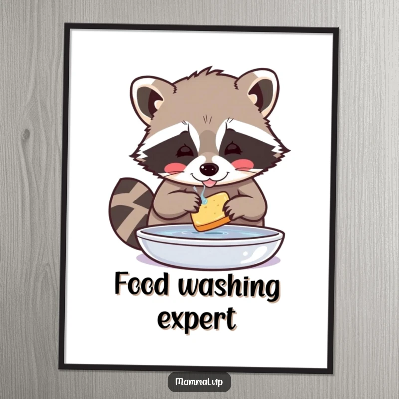 Funny Raccoon Digital Art: Playful raccoon character washing food with great care, a downloadable piece of humorous tidiness.