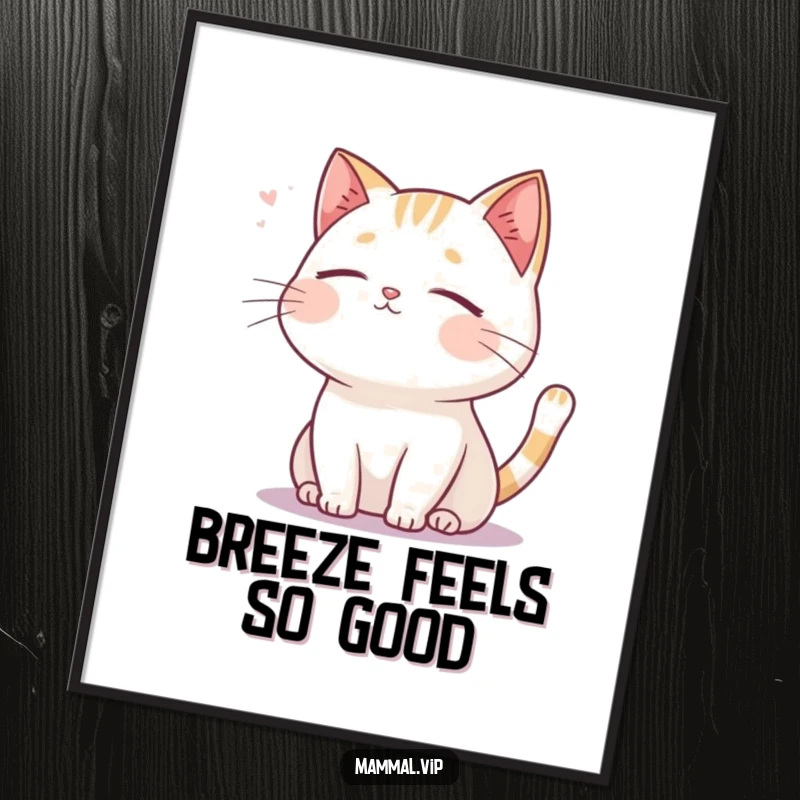 Funny cat digital art, a serene cartoon cat with closed eyes, peacefully enjoying a gentle, calming breeze.