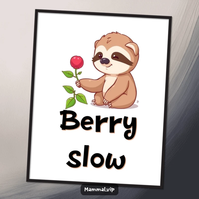Funny digital art print of a smiling sloth slowly reaching for a distant berry, a humorous illustration for tranquil decor.