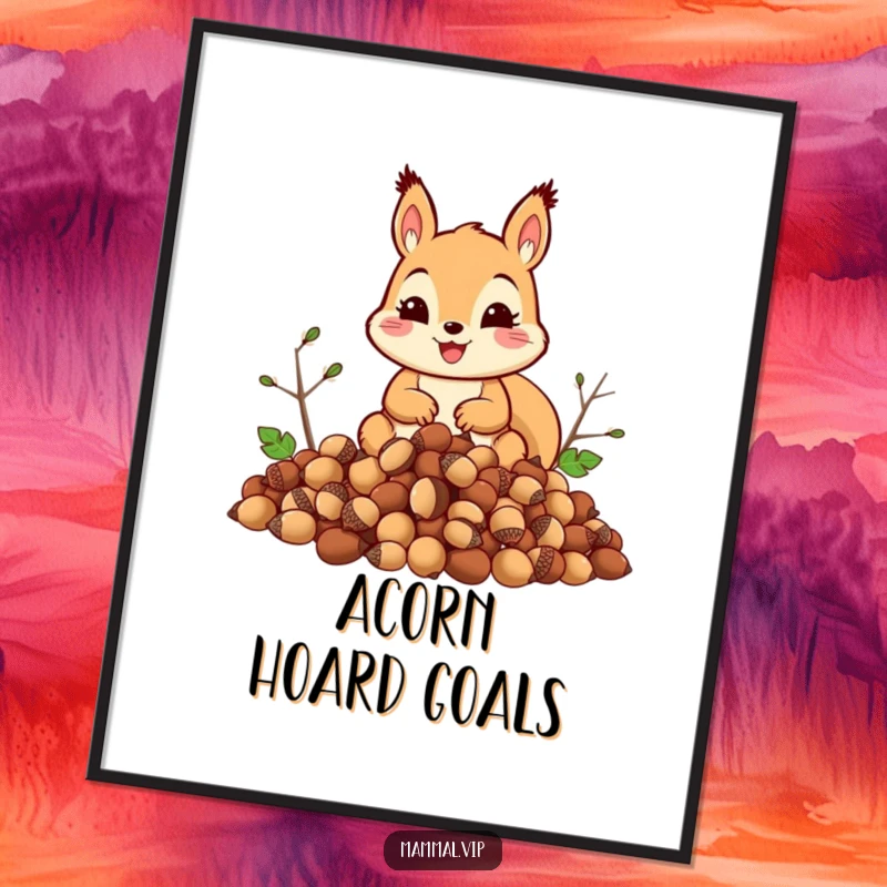 Funny squirrel digital art print depicting a smiling squirrel with a colossal mountain of acorns, a humorous and vibrant wall art piece.