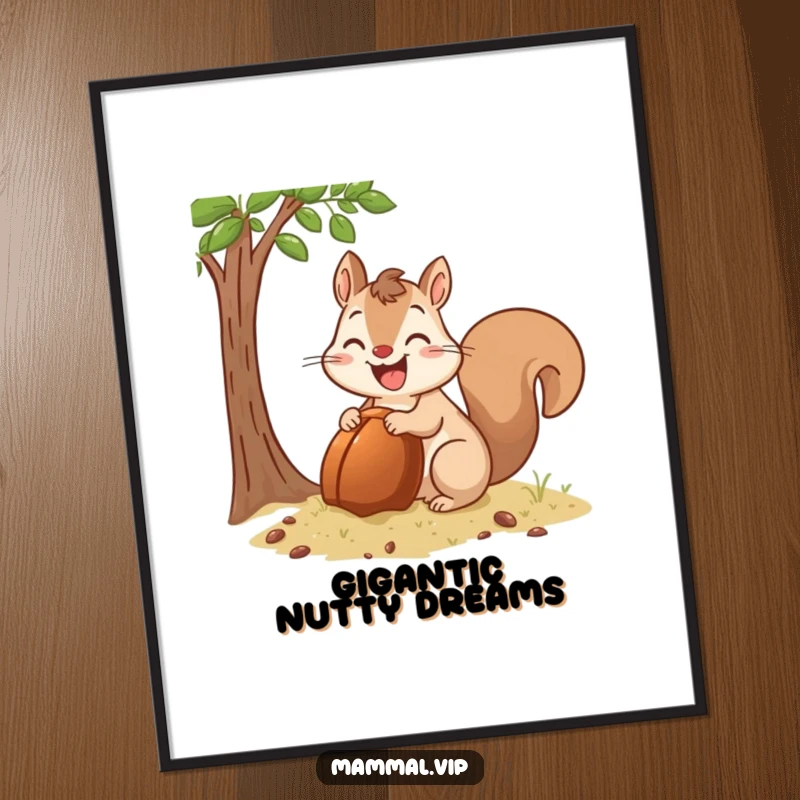 Funny Digital Art Print of a happy squirrel character enthusiastically burying a giant acorn, symbolizing preparation and amusement.
