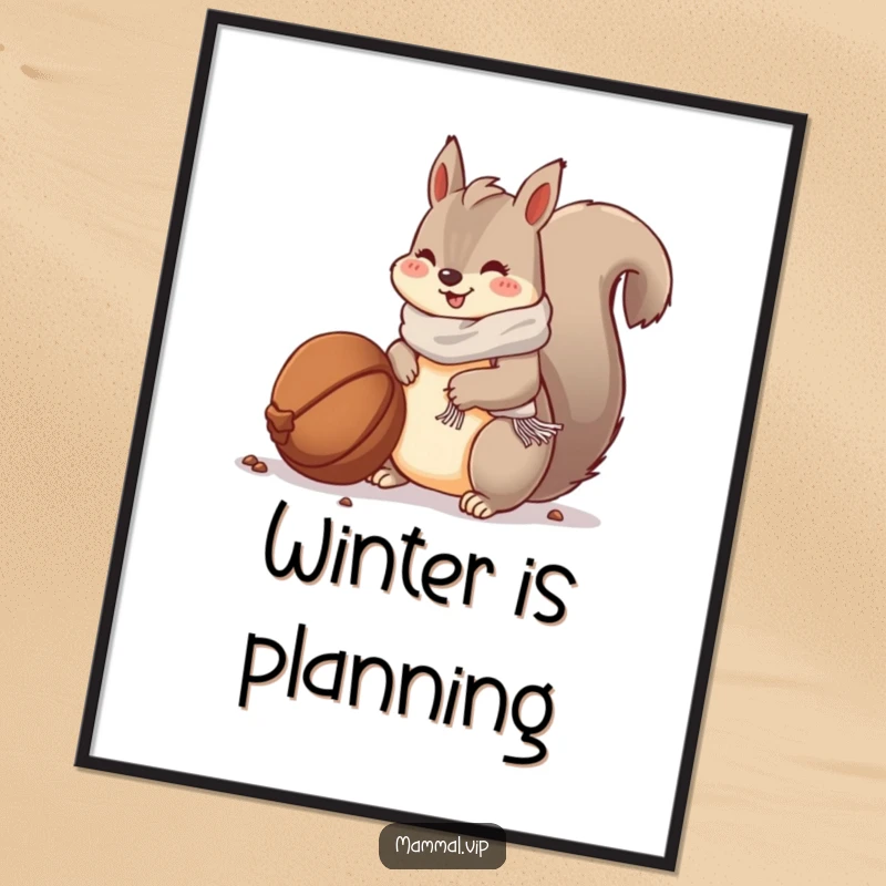 Funny digital art print: a squirrel wearing a scarf burying a large nut, exuding winter preparation.