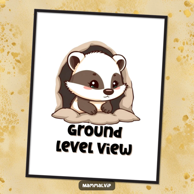 Funny digital art print of a curious badger character peeking from its burrow entrance, perfect for adding a touch of woodland whimsy.