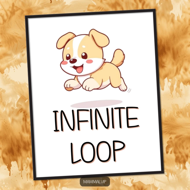 Funny dog chasing tail digital art print, a downloadable image of a dog spinning, great for playful decor.