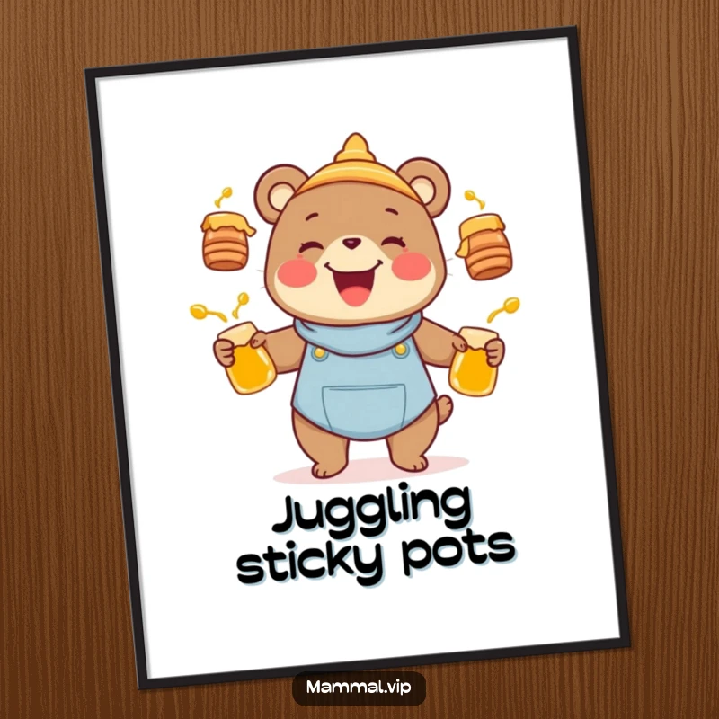 Funny joyful bear character juggling honey pots, presented as a digital art print, a humorous animal and nature-themed decor gift.