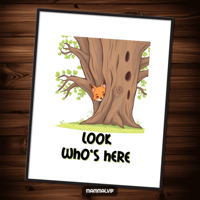 Funny digital art print of a curious fox kit peeking from behind a large oak tree, creating a captivating woodland scene.