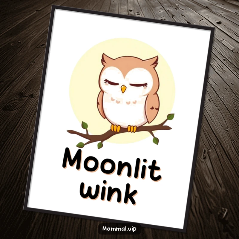 Funny Owl Digital Art Print: A sly winking owl perches on a moonlit branch, bringing enchanting nocturnal humor to your walls.