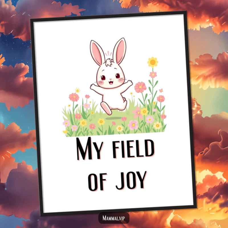 Funny bouncy rabbit digital art print of a character enthusiastically hopping through a flower field, perfect for immediate download and cheerful decor.