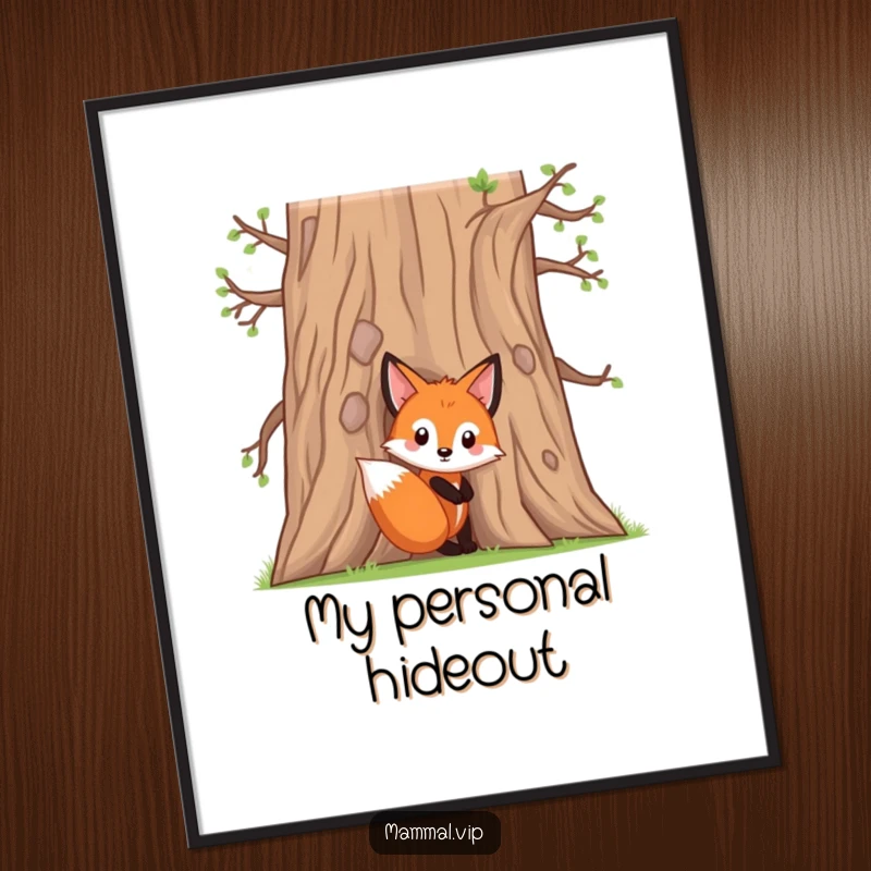 Funny fox kit digital art print of a curious character peeking from behind an oak tree, perfect for immediate download and charming decor.