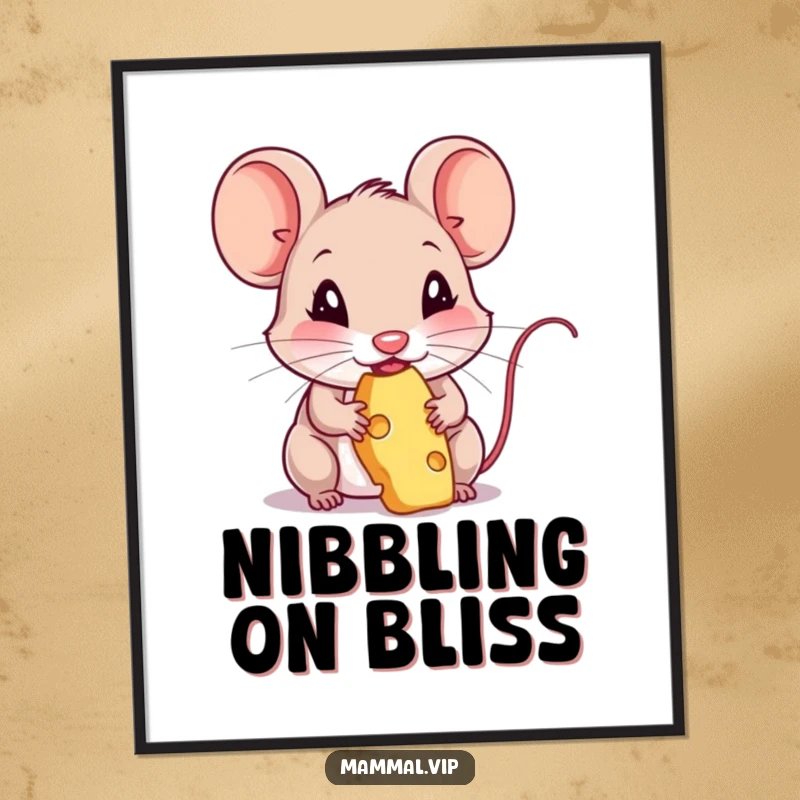 Funny digital art print of a mouse character happily nibbling on cheese. Humorous animal wall art.