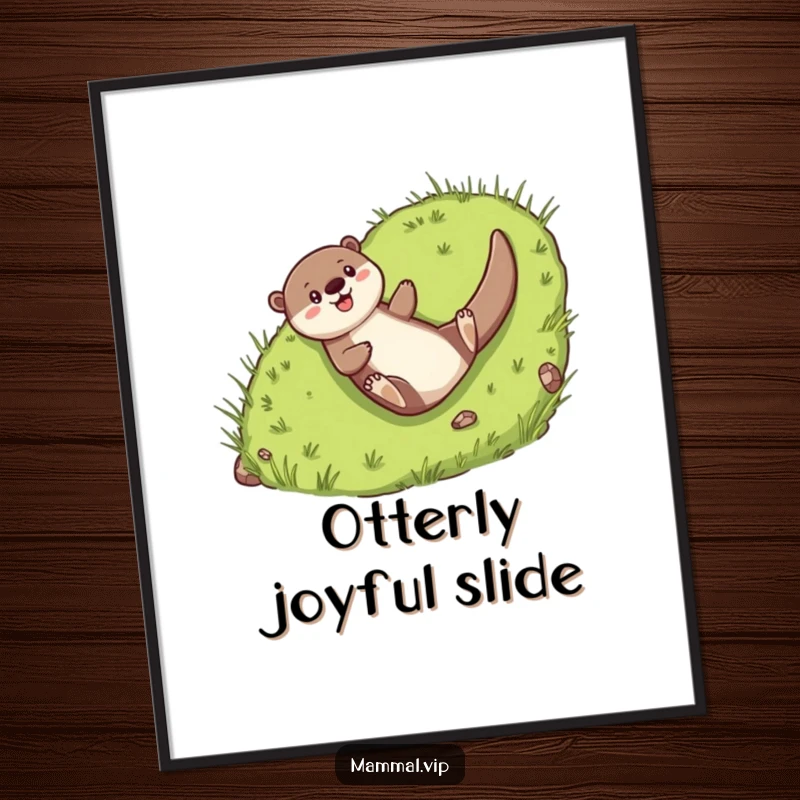 Funny Digital Art Print: Cheerful otter character joyfully sliding down a grassy hill.