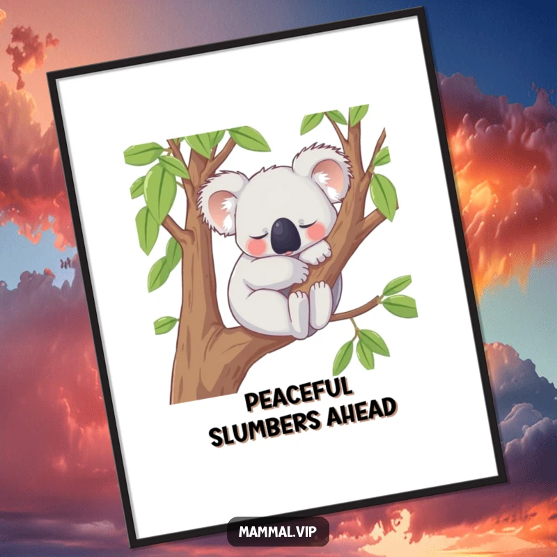 Funny Digital Art Print of a content koala character peacefully snoozing on a tree branch, conveying serene relaxation and calm for instant home decor.