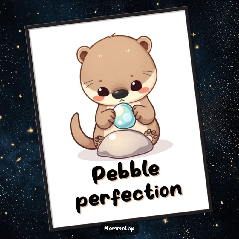 Funny Digital Art Print of a curious otter character gleefully playing with a shiny, floating pebble, capturing pure aquatic bliss.