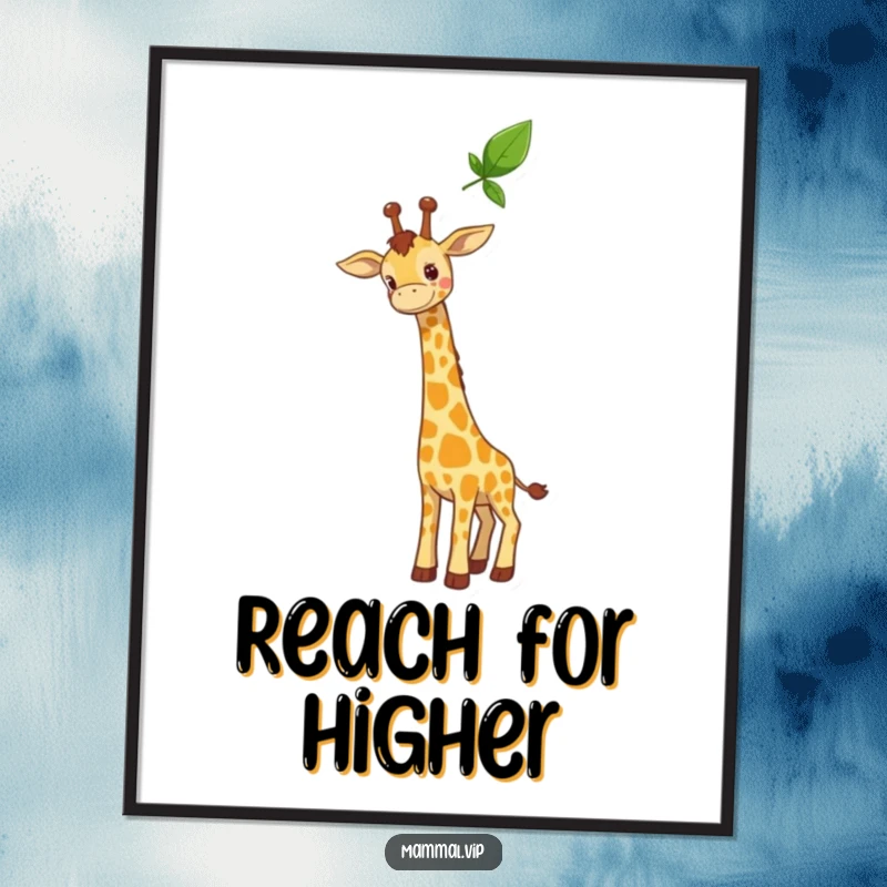 Funny digital art print of a curious giraffe character stretching its long neck towards a high leaf, perfect for adding playful wall decor.