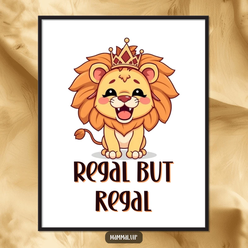 Funny digital art print of a proud lion character wearing a tiny tiara and roaring, bringing regal power and humor to walls.