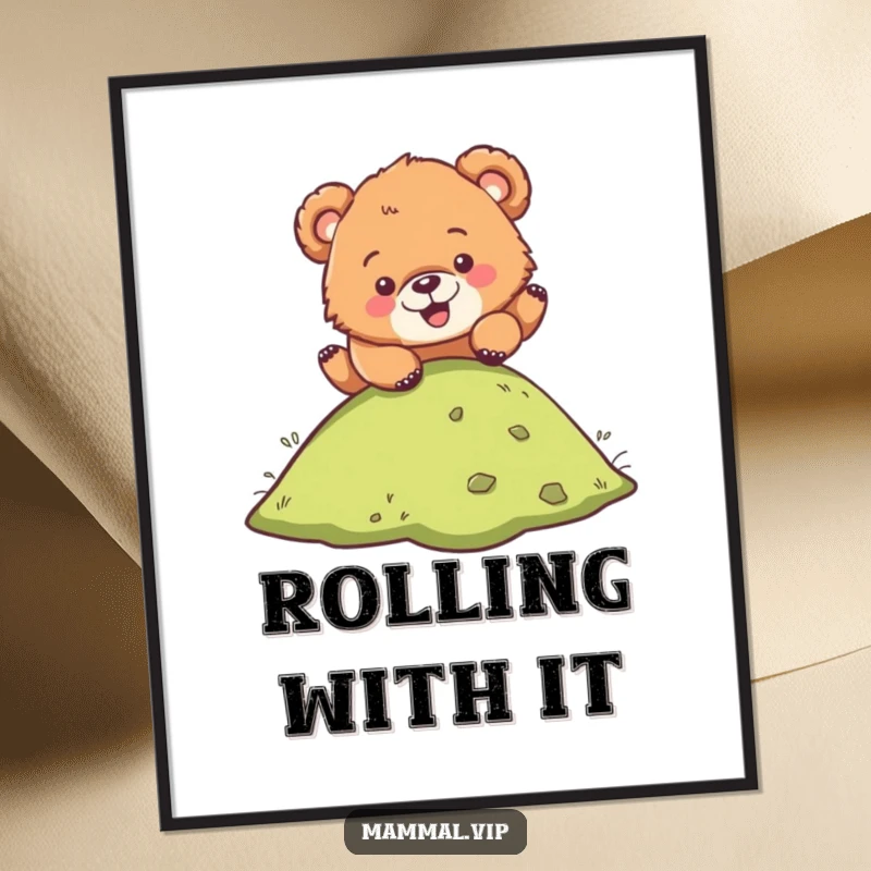 Funny digital art print of a bear cub character hilariously tumbling down a grassy slope, conveying pure joy and playful abandon.