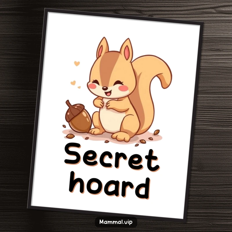 Funny digital art print of a playful squirrel character chattering while burying an acorn, creating a lively woodland scene.