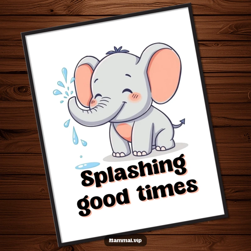 Funny Digital Art Print of a grinning elephant character spraying water from its trunk, conveying playful fun and joyful energy for instant home decor.