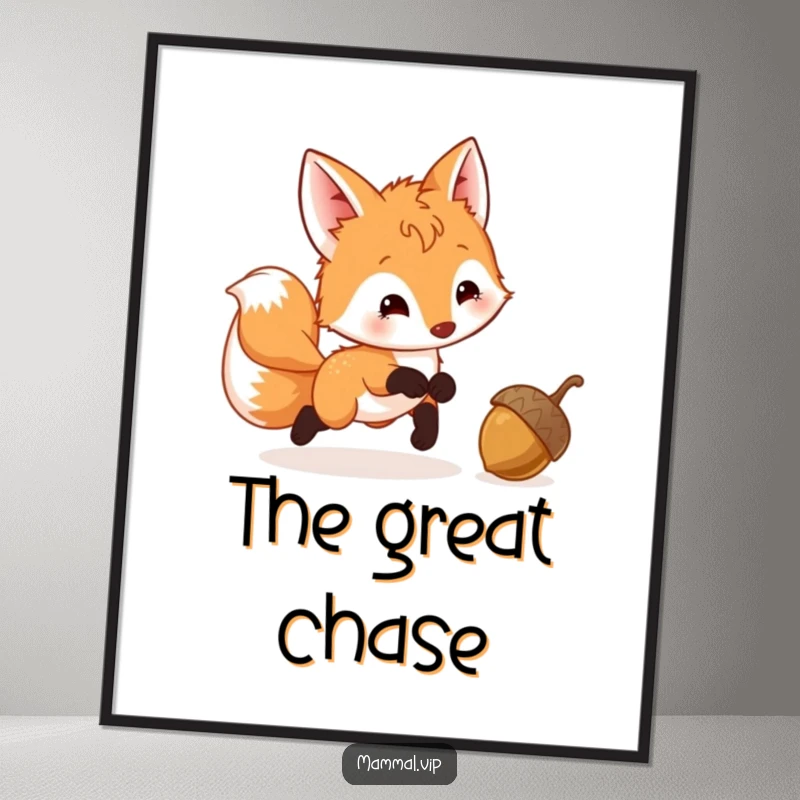 Funny Fox Cub Acorn Digital Art Print showing a playful cub with a wagging tail chasing an acorn, ideal for charming decor.