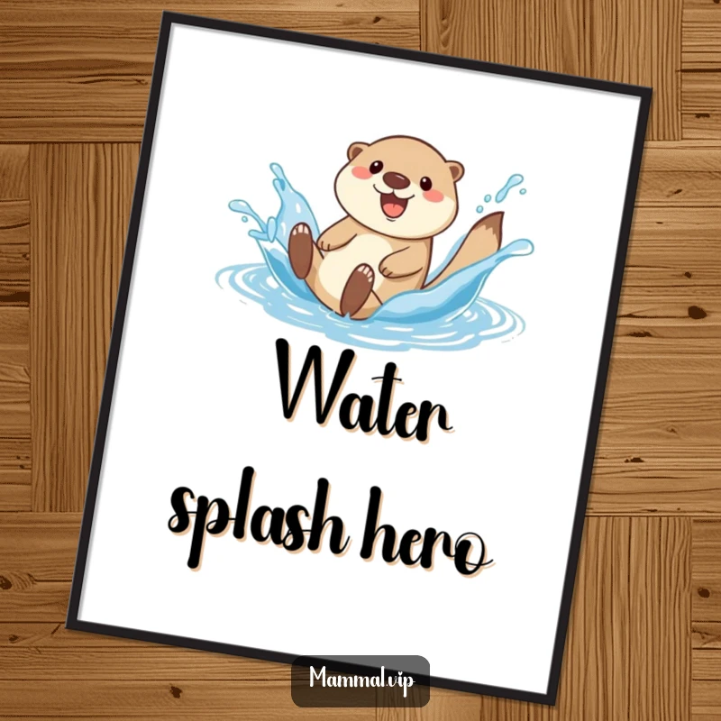 Funny happy otter character art on a digital print, sliding down a water splash, full of playful energy.