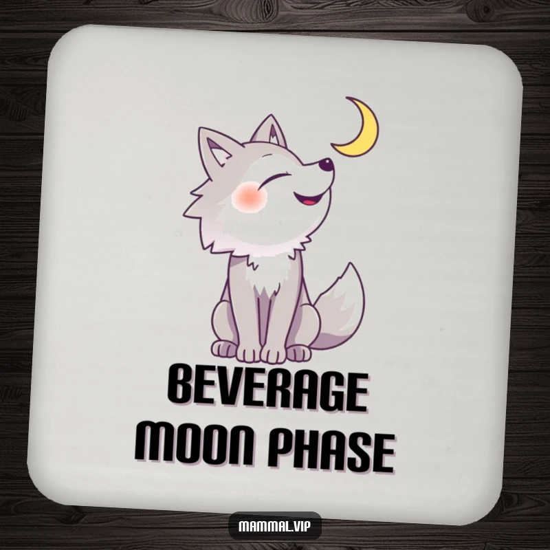 Funny wolf drink coaster showing a cheerful wolf howling at a bright crescent moon, protecting surfaces with humor.