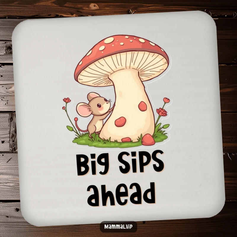 Funny drink coaster showcasing a tiny mouse character excitedly exploring a giant mushroom, adding a whimsical touch.