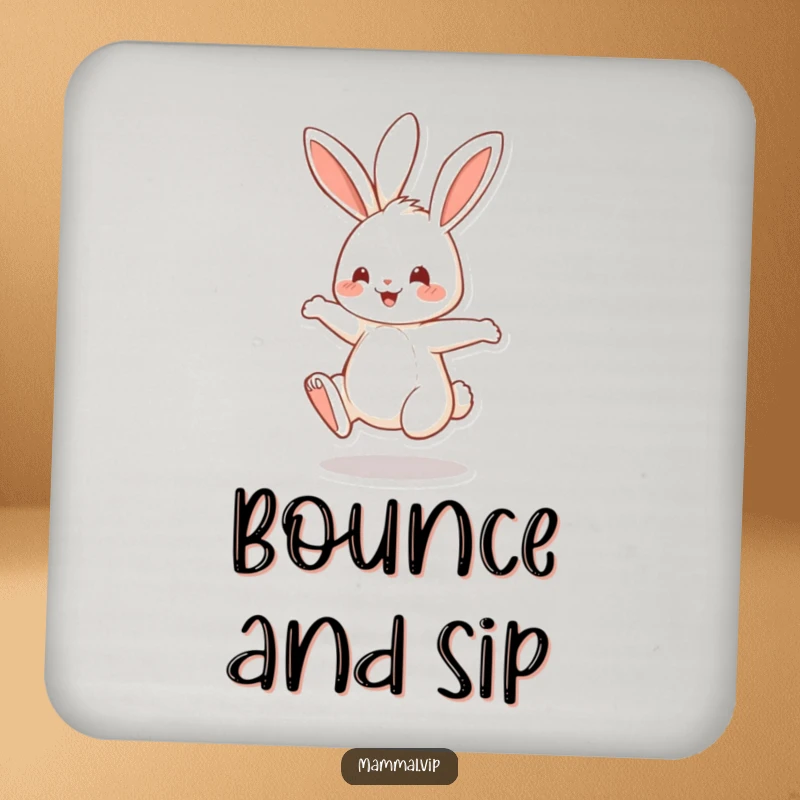 Funny Drink Coasters featuring a cheerful rabbit character joyfully bouncing on its hind legs, protecting surfaces with style.