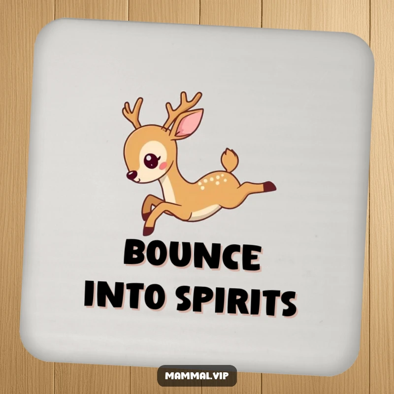 Funny deer drink coaster showing a graceful deer character in a dynamic leap, adding a touch of elegance and humorous charm to any surface.