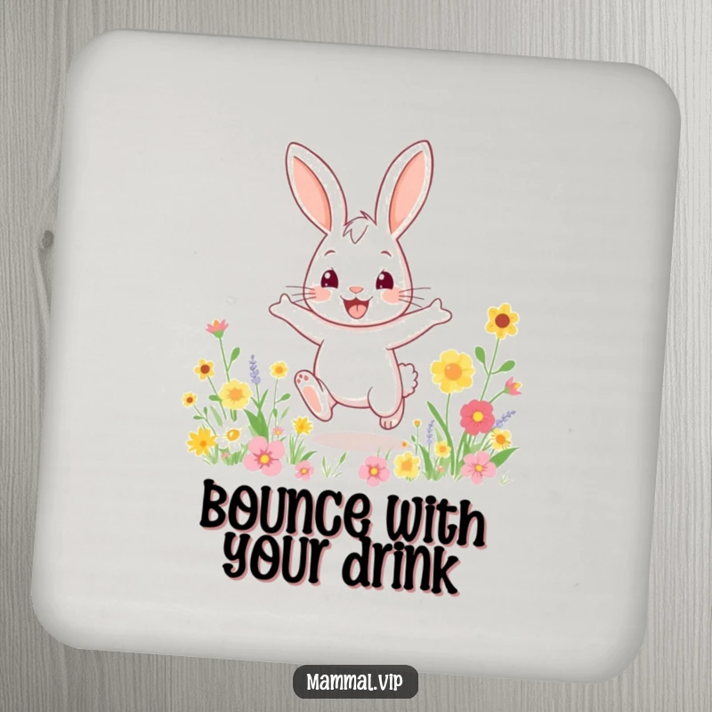 Funny drink coaster showcasing a bouncy rabbit character hopping in a field of flowers, adding a cheerful touch.