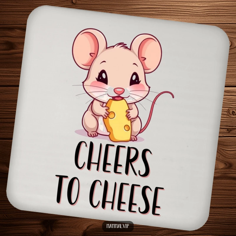 Funny drink coaster featuring a mouse character happily nibbling on cheese. Humorous table protection.