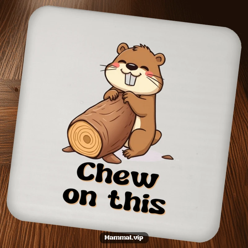 Funny beaver drink coaster showing a happy cartoon beaver gnawing a large log, protecting surfaces with humor.