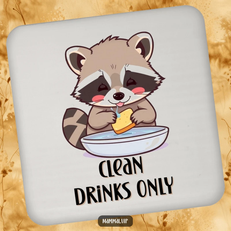 Funny Raccoon Coaster: Playful raccoon character washing food with great care, offering protection and a humorous touch.