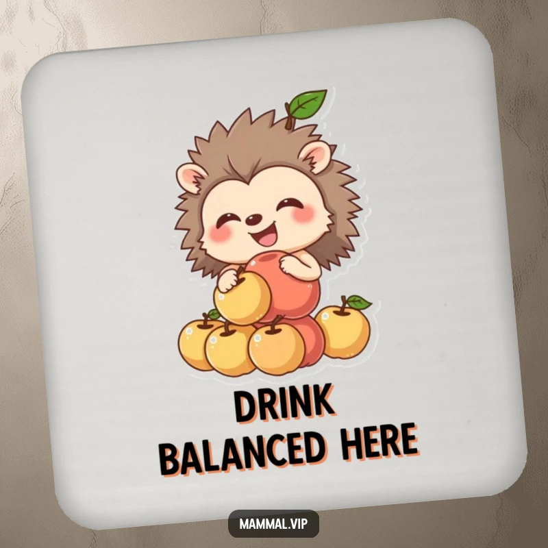 Funny hedgehog drink coaster featuring a grinning hedgehog balancing apples, protecting surfaces with adorable humor.