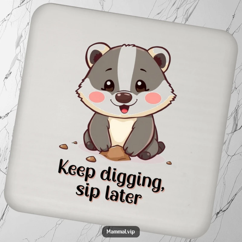 Funny Coaster with a happy badger character digging enthusiastically with its paws, a practical and humorous addition to any coffee table or bar.