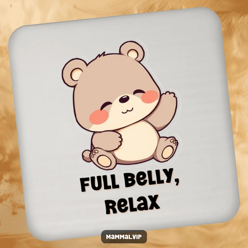 Funny drink coaster with a cartoon bear scratching its belly, a humorous way to protect surfaces.