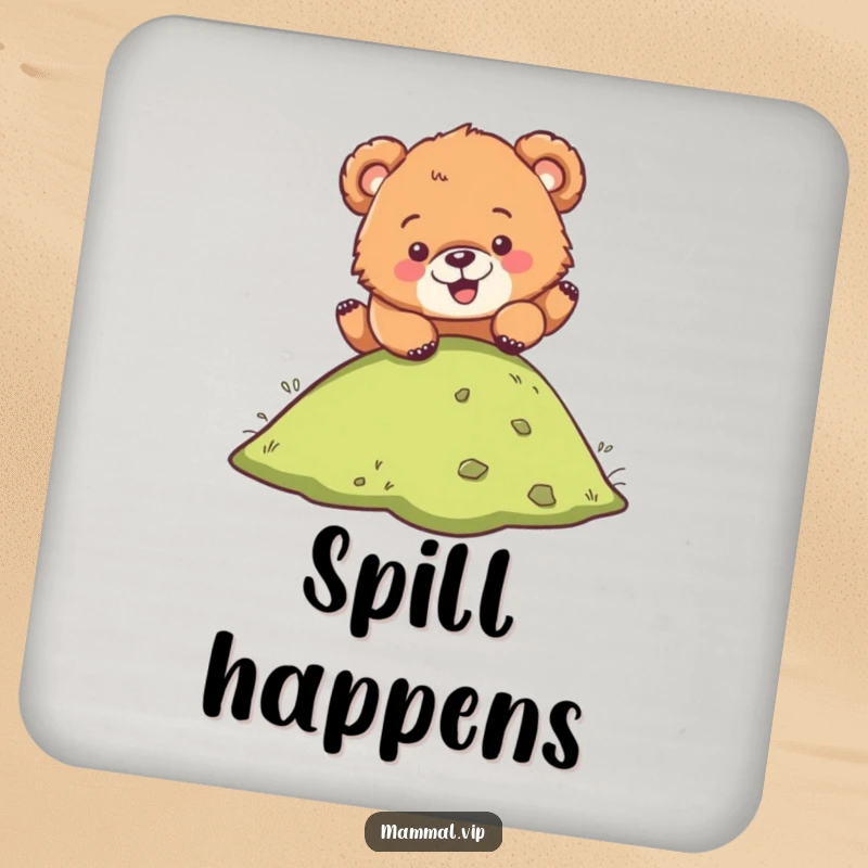 Funny drink coaster showcasing a bear cub character hilariously tumbling down a hill, adding a humorous touch to beverage service.