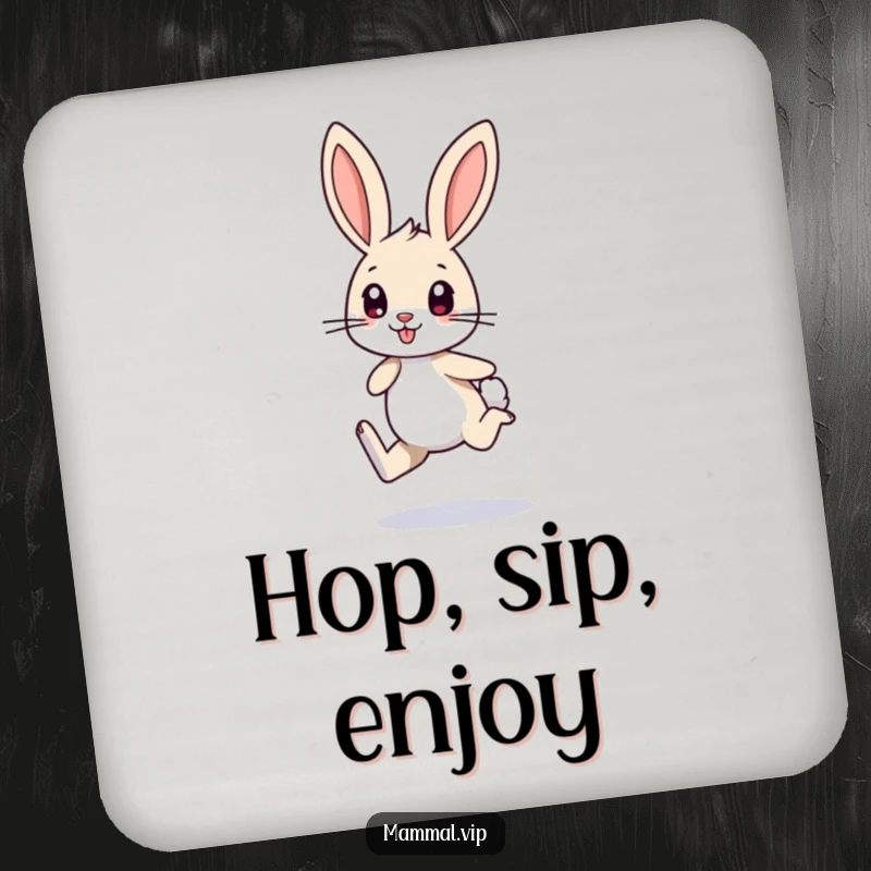 Funny coaster featuring a small bunny character with long ears, excitedly hopping on one leg, a humorous and cute accessory for drinks.