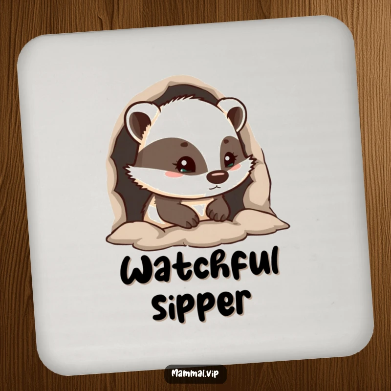 Funny drink coaster with a curious badger peeking from its burrow, offering surface protection with a touch of adorable inquisitiveness.