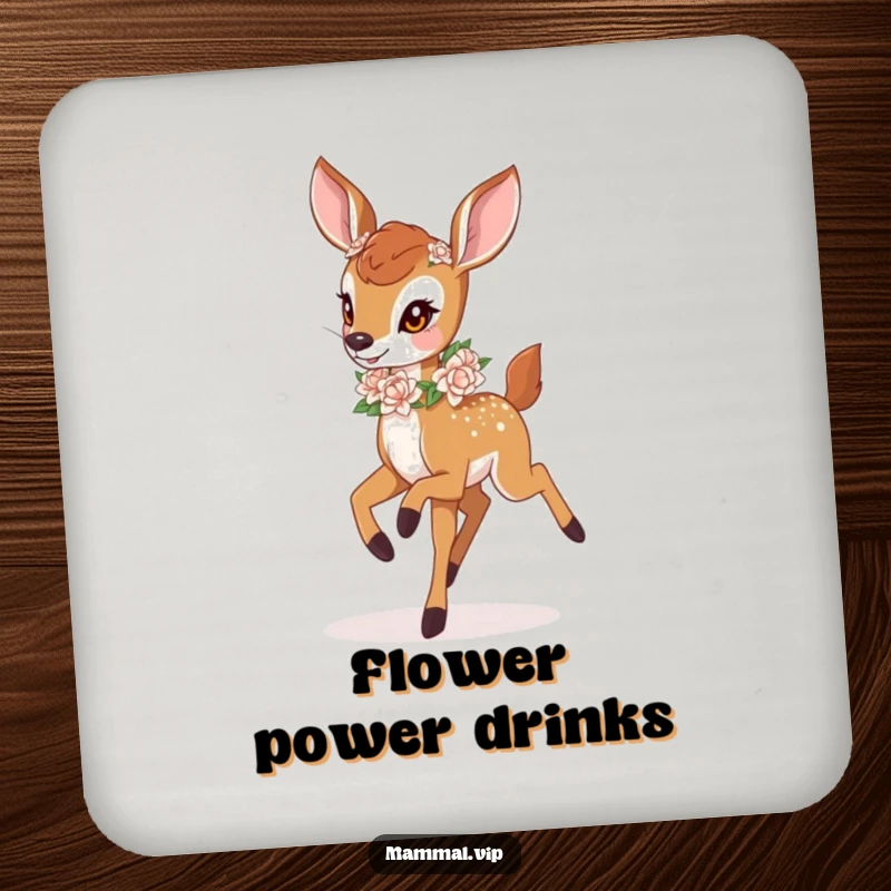 Funny deer fawn with a flower garland, on a drink coaster. A cute and funny gift.