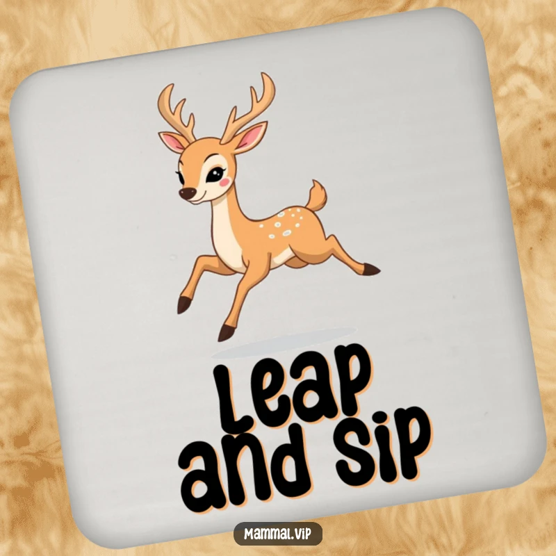 Funny coaster illustration of a happy deer character prancing with elegant leaps, a witty addition to any tabletop.