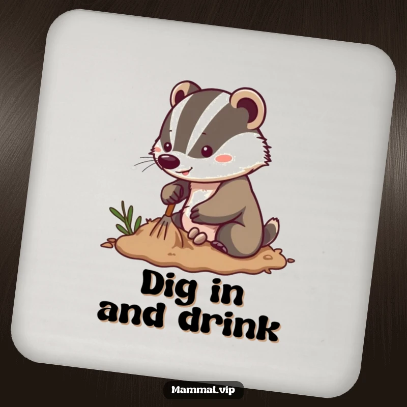 Funny energetic badger drink coaster featuring a determined character digging enthusiastically in soft soil, protecting surfaces with a motivational design.