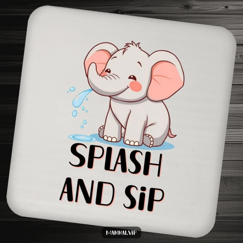 Funny drink coaster with a happy elephant character playfully spraying water, offering surface protection with a touch of aquatic amusement.